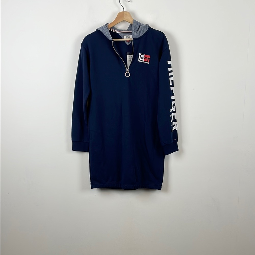 Tommy Hilfiger Denim Long Sleeve 1/2 Zip Pullover Blue Hooded Sweatshirt Dress - Picture 1 of 9